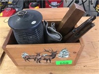 DECORATIVE WOOD BOX W/ BUG ZAPPER AND RIFLE STOCK;