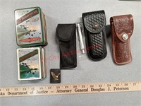 * Leather knife sheaths, Remington playing cards +