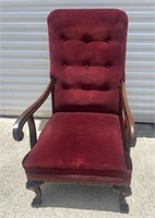 Red velor Tuffed  accent chair with wood arms