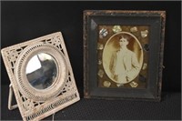 Vintage Framed Picture & Wicker Vanity Mirror