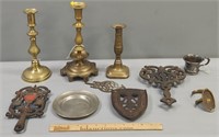 Antique Brass Candlesticks; Iron Trivets etc