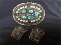 Navajo Sterling Silver Buckle with 2 Conchos