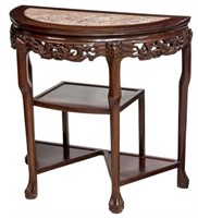 CHINESE ROSEWOOD MARBLE TOP DEMILUNE TABLE