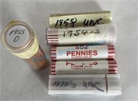 Uncirculated pennies 1970s 1958 1954S 1955D in