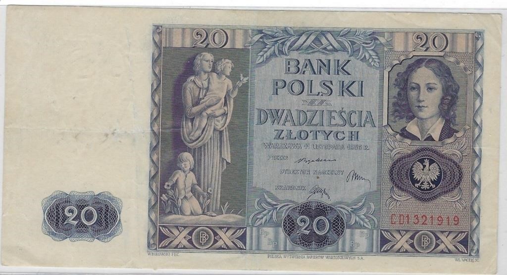 Poland 20 Zlotych 1936 Fancy SN+Gift!  POAR