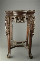 Chinese Rosewood Carved End Table w Marble Inset