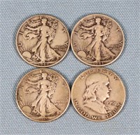 (3) Walking Liberty Halves, 1 Franklin Half Dollar