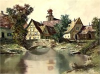 Artist Signed European Village Oil On Canvas