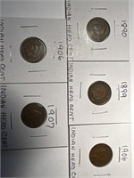 5 Indian Head Pennies:  1890, 1899, 1906(2), 1907
