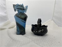 Black Glass Bridal Basket w/chip & Glass Vase 8"