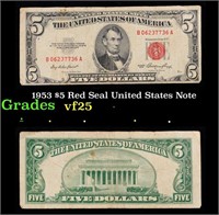 1953 $5 Red Seal United States Note Grades vf+