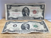TWO $2 Bills US Series 1953-B Red Star & Stamp &