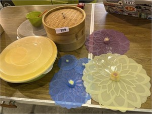Bamboo Steamer, Plastic Bowls, Lids, &