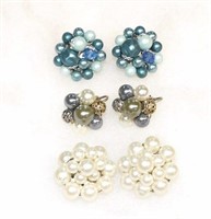 3 Pair Vintage Clip Earrings - Faux Pearl, Laguna