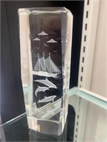 Etched Glass 3D Paper Weight - Ship & Dolphins