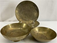 4 Antique Vintage Chinese Etched Brass Bowls