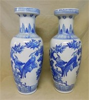 Blue and White Asian Motif Floor Vases.