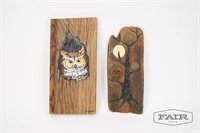 Pair of Painted Wood Owl Art Pieces