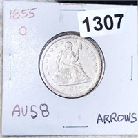 1855-O Seated Liberty Quarter CHOICE AU ARROWS