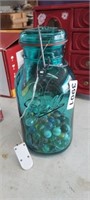1/2 GALLON BLUE BALL JAR WITH MARBLES, & LIGHTS