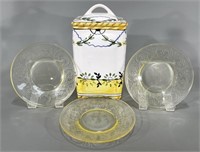 Pale Yellow Glass Plates & Pottery Biscuit Jar