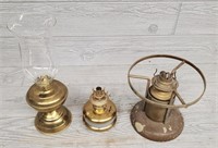 (3) Brass Oil Lamps w/ (1) Hurricane Glass