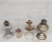 (4) Glass Oil Lamps w/ (3) Glass Covers