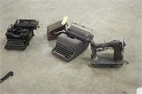 (2) ANTIQUE ROYAL TYPEWRITERS, SEWING MACHINE, AND