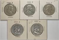 Lot of 5: Franklin Half Dollars