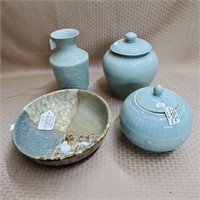 Large Ornate Pottery Bowl, Celedon Ginger Jars &