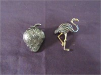 Gold Pendant Or Pin, 1 Strawberry, 1 Flamingo