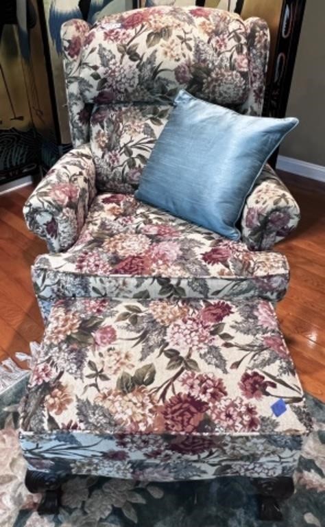 (2) Wing Back Fabric Chairs & (1) Ottoman
