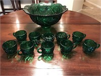 Large Green Cut Glass Punch Bowl & Cups