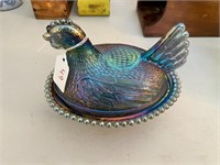 LR-Hen on Nest Blue Carnival Glass