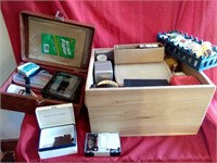 Large amount of sewing items in wood box