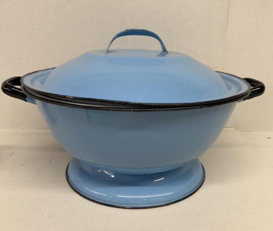 Blue granite wear dough riser bowl with lid very