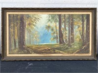 Vintage Woodland Oil Painting Signed Burke 55x31"