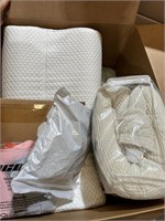 Large box of homegoods, pillow, & linens