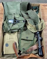 FLAT OF MILITARY POUCHES, BELTS, & A RIFLE SCOPE