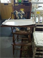 ANTIQUE PRESSED BACK HIGH CHAIR W/ PORCELAIN TRAY