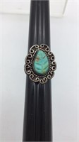 Sterling silver carved turquoise leaf ring.