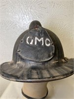 VINTAGE FIRE HELMET WITH LEATHER BADGE 7x12x15