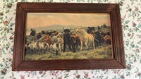 Antique framed print of a Scottish herder of cows