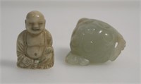 2 ASIAN-INSPIRED FIGURINES: 1 GREEN STONE, 1 IVORY