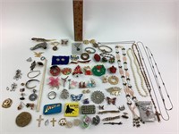 Costume jewelry pins, earrings, necklaces