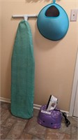 IRONING BOARD, IRON, CLOTHS PIN HOLDER AND CHILDS