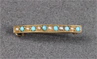 14K Gold, Turquoise & Seed Pearl Pin
