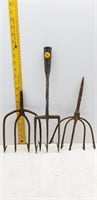 3 SMALL CAST IRON PITCHFORKS 16" 12" 10" LONG