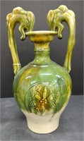 (O) Majolica Glaze Ceramic Vase w/ Dragon Design