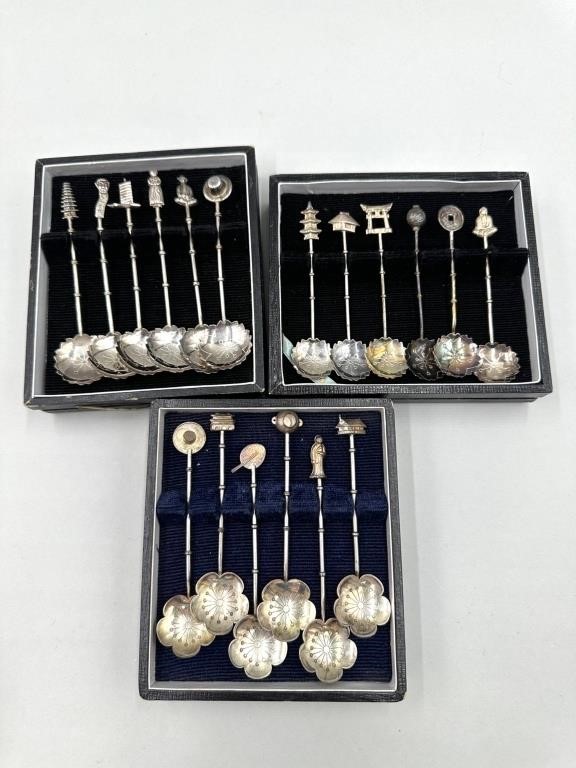 Three Sets of Sterling Silver Lotus Spoons